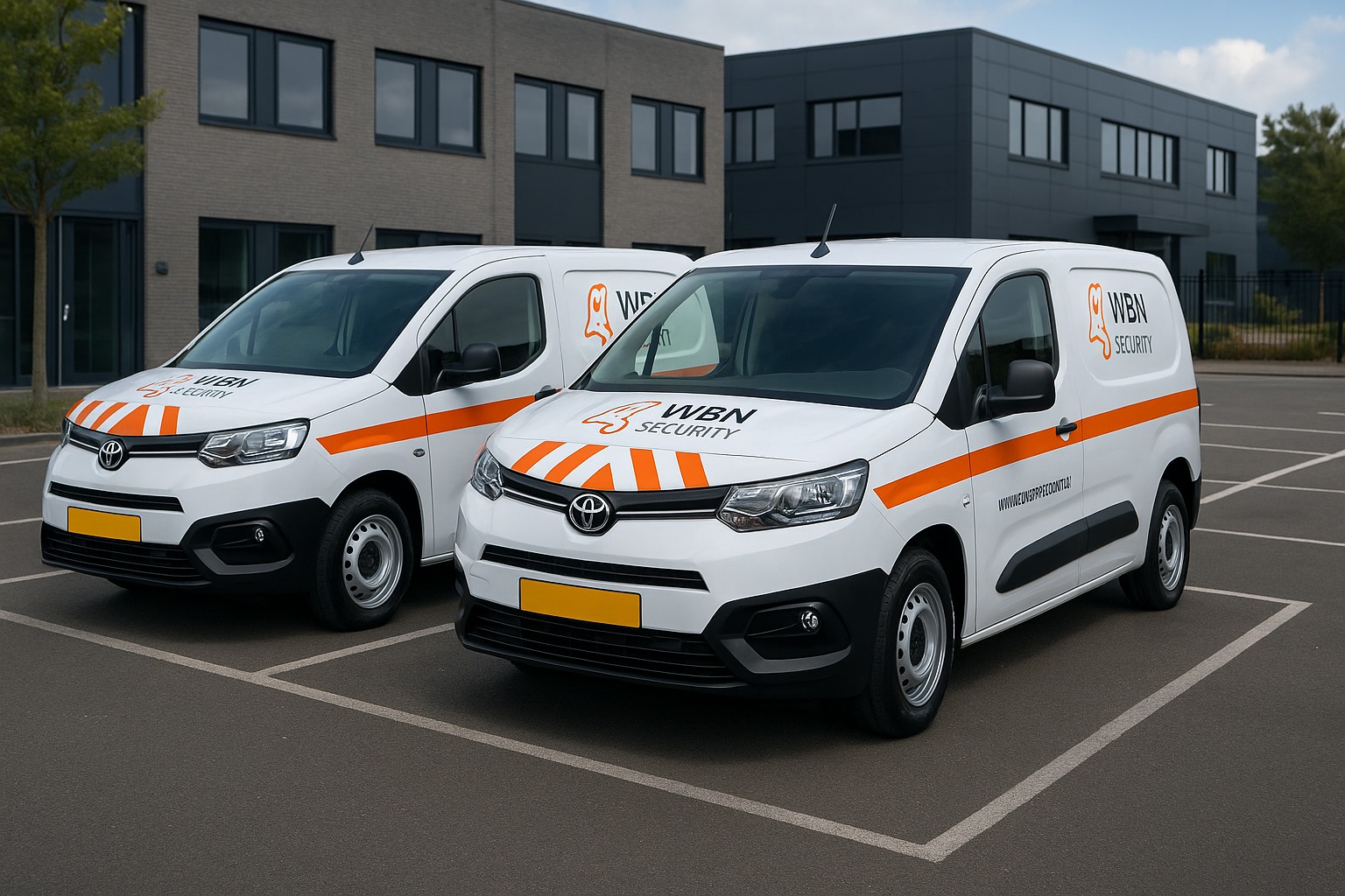 Professioneel beveiligingsteam WBN Security met voertuigen